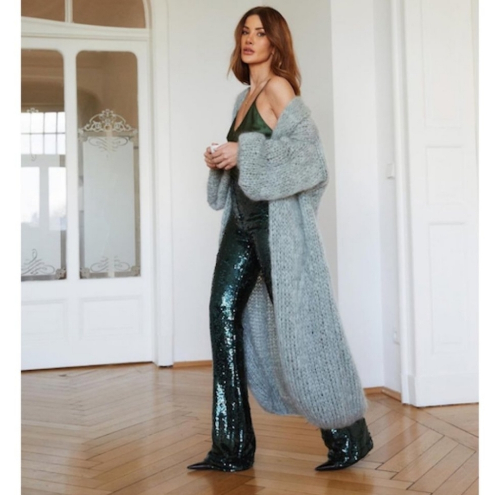 ZARA FLARED HIGH WAISTED GREEN SEQUIN PANTS SIZE M - Picture 14 of 16